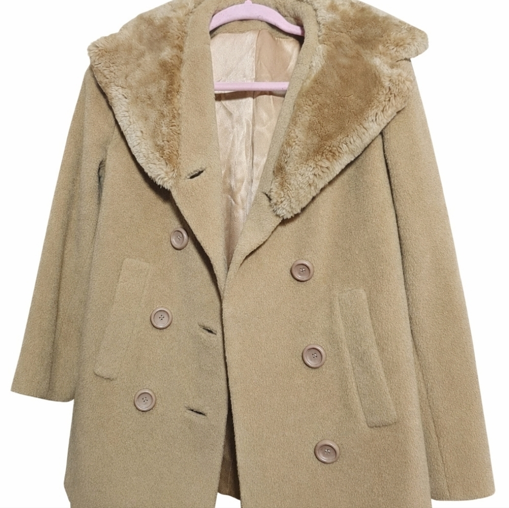 Vintage 1960s Tan Wool Coat Faux Fur Collar Sz Small